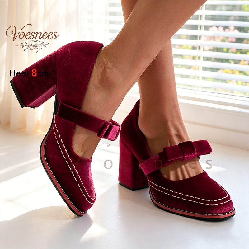 Women'S Shoes Burgundy - Women Burgundy Velvet Mary Jane Pumps