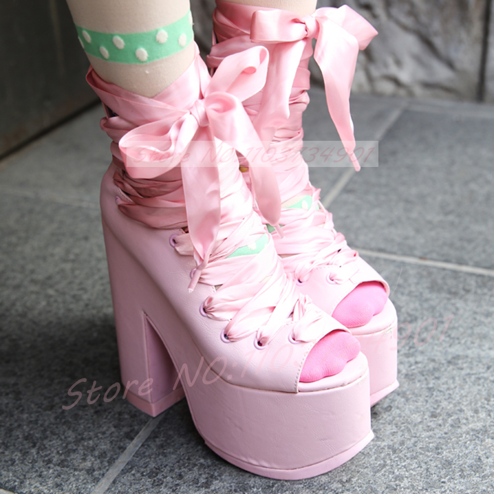 Pink Platform Peep Toe Y2K San - Ribbon Tie Heel ulasan dan harga